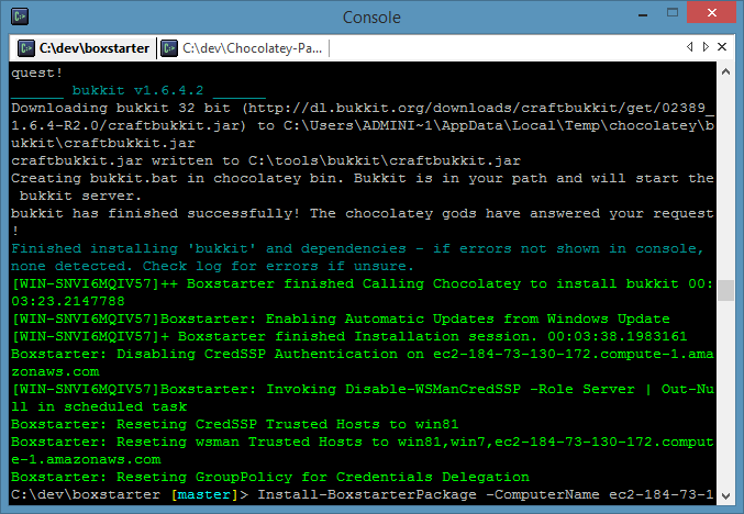 Screenshot of Boxstarter installing a Minecraft Server (bukkit) on an AWS EC2 instance