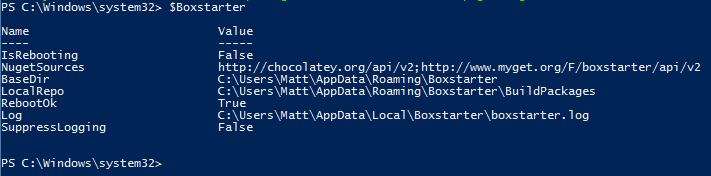Windows Powershell output from inspecting the global Boxstarter variable $Boxstarter.LocalRepo